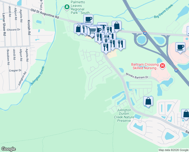 map of restaurants, bars, coffee shops, grocery stores, and more near 5792 Sandstone Way in Jacksonville