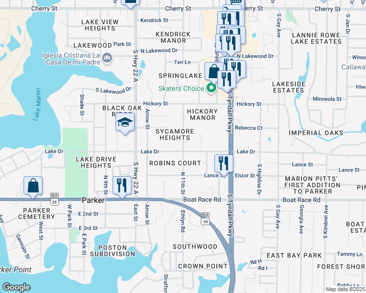 map of restaurants, bars, coffee shops, grocery stores, and more near 5139 Lake Drive in Panama City