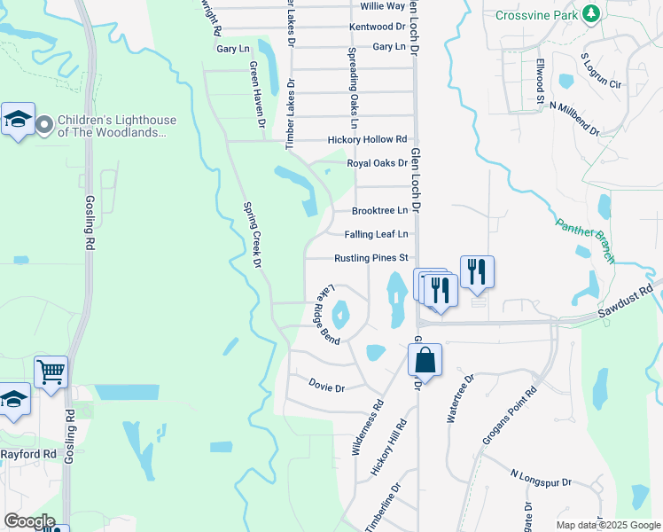 map of restaurants, bars, coffee shops, grocery stores, and more near 3403 Rustling Pines Street in Spring