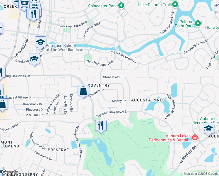 map of restaurants, bars, coffee shops, grocery stores, and more near 7502 Dane Hill Drive in Spring