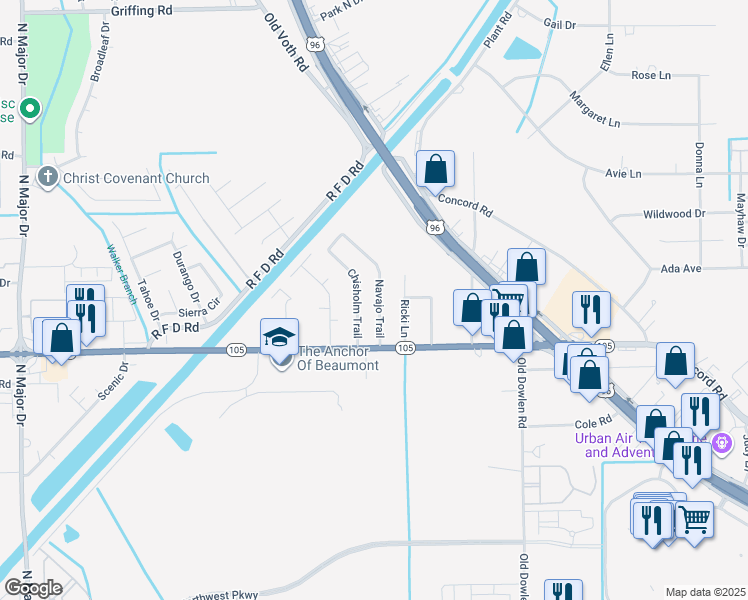 map of restaurants, bars, coffee shops, grocery stores, and more near 6020 Chisholm Trail in Beaumont