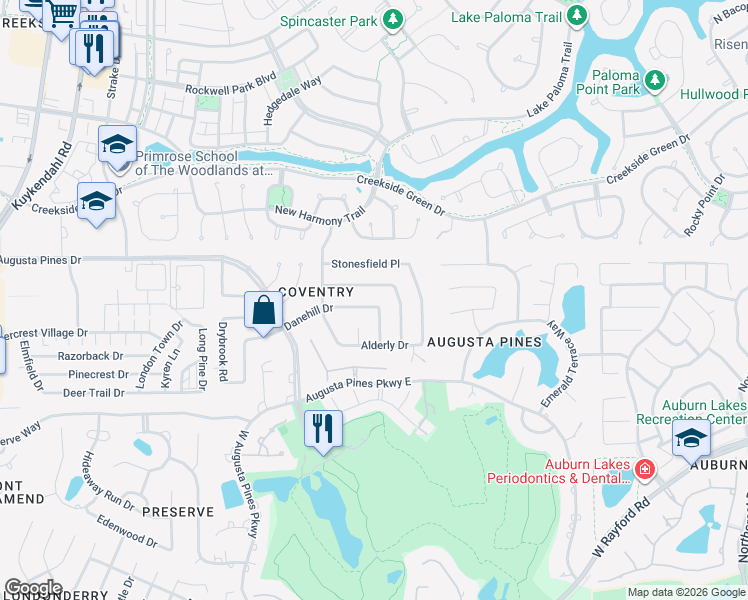 map of restaurants, bars, coffee shops, grocery stores, and more near 7406 Dane Hill Drive in Spring