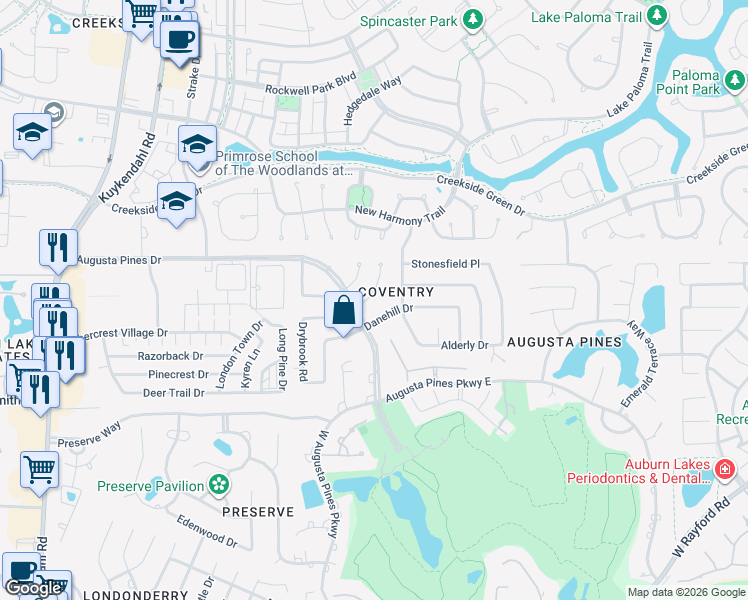 map of restaurants, bars, coffee shops, grocery stores, and more near 7631 Post Bridge Road in Spring