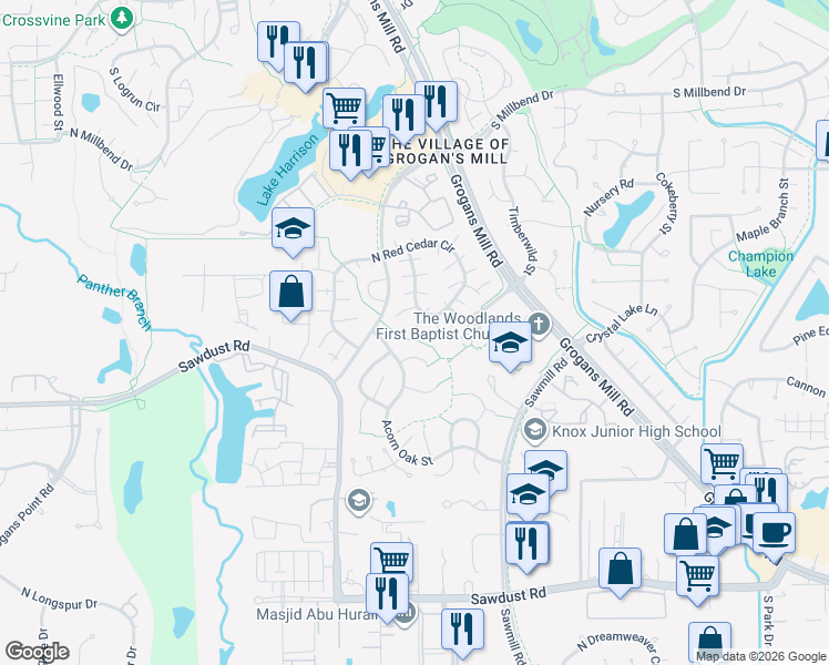 map of restaurants, bars, coffee shops, grocery stores, and more near 1412 East Red Cedar Circle in Spring