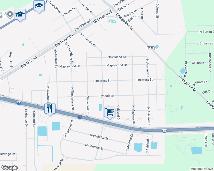 map of restaurants, bars, coffee shops, grocery stores, and more near 385 North Lakeside Street in Vidor