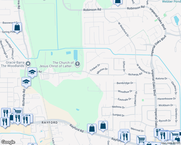 map of restaurants, bars, coffee shops, grocery stores, and more near 25823 Richards Road in Spring