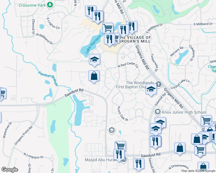 map of restaurants, bars, coffee shops, grocery stores, and more near 11920 South Red Cedar Circle in Spring