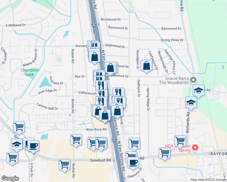 map of restaurants, bars, coffee shops, grocery stores, and more near 25650 Interstate 45 in Spring