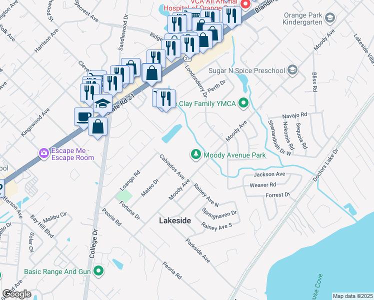 map of restaurants, bars, coffee shops, grocery stores, and more near 3510 Moody Avenue in Orange Park