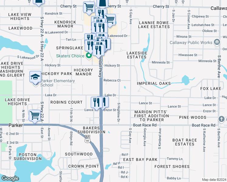 map of restaurants, bars, coffee shops, grocery stores, and more near 5618 Lake Drive in Callaway