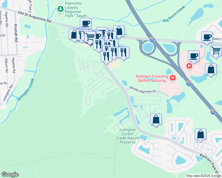 map of restaurants, bars, coffee shops, grocery stores, and more near 5976 Rocky Mount Drive in Jacksonville