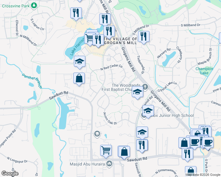 map of restaurants, bars, coffee shops, grocery stores, and more near 1412 East Red Cedar Circle in Spring
