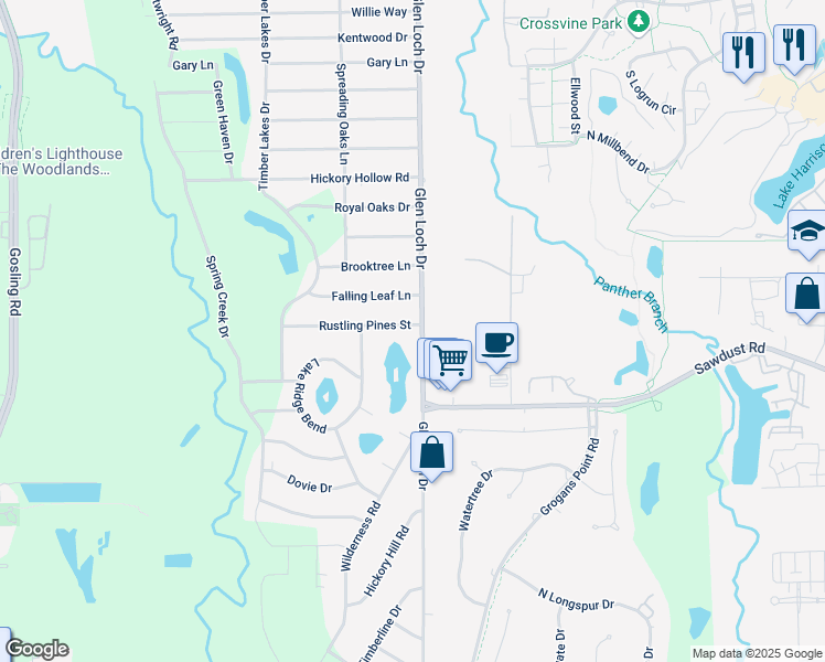 map of restaurants, bars, coffee shops, grocery stores, and more near 25419 Glen Loch Drive in Spring