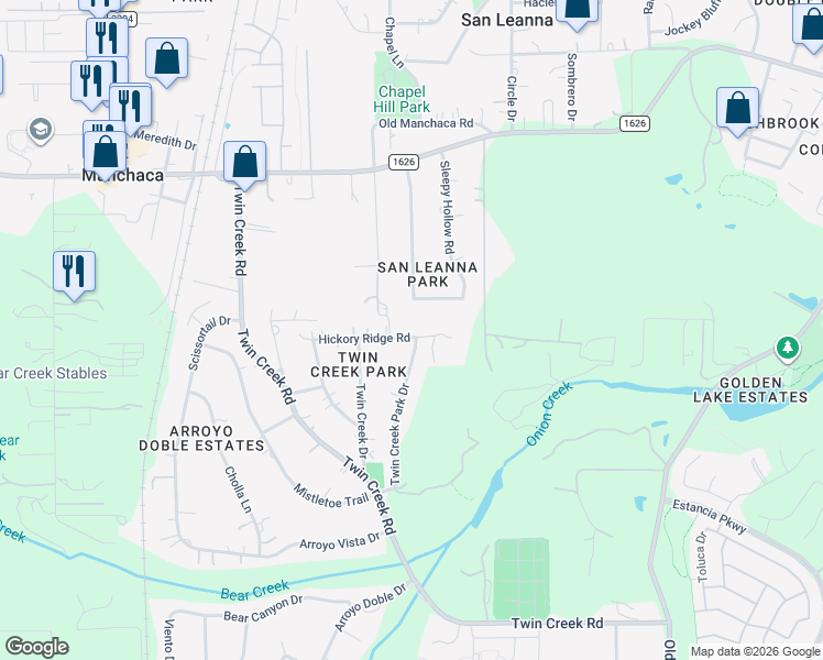 map of restaurants, bars, coffee shops, grocery stores, and more near 4 Double Elm Drive in Manchaca