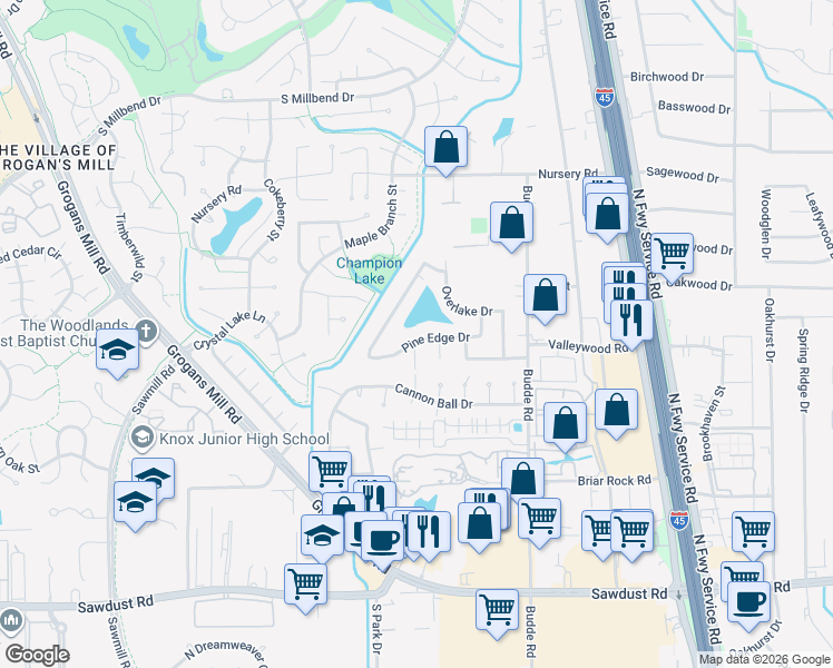 map of restaurants, bars, coffee shops, grocery stores, and more near 530 Pine Edge Drive in The Woodlands