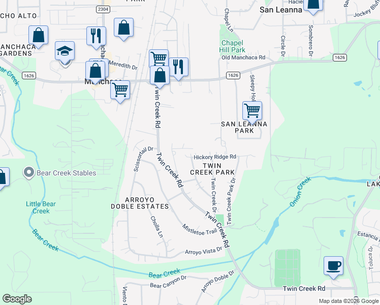 map of restaurants, bars, coffee shops, grocery stores, and more near 609 Hickory Ridge Road in Manchaca