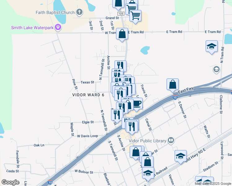 map of restaurants, bars, coffee shops, grocery stores, and more near 140 Fillmore Street in Vidor