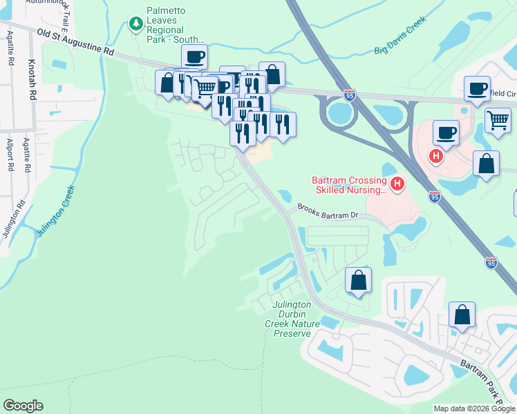 map of restaurants, bars, coffee shops, grocery stores, and more near 5976 Rocky Mount Drive in Jacksonville