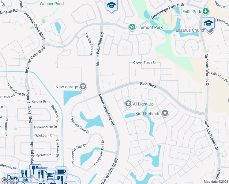 map of restaurants, bars, coffee shops, grocery stores, and more near 30619 Hackinson Drive in Spring