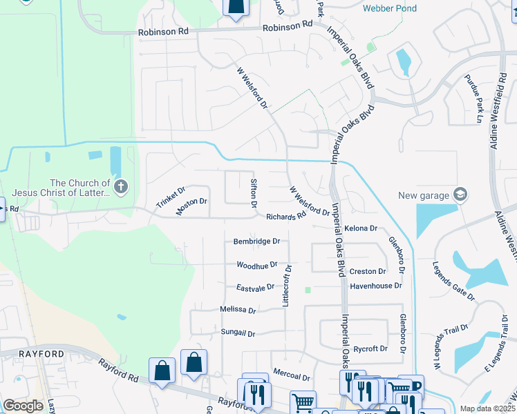 map of restaurants, bars, coffee shops, grocery stores, and more near 26307 Richards Road in Spring