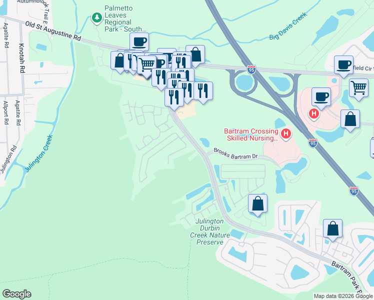 map of restaurants, bars, coffee shops, grocery stores, and more near 5976 Rocky Mount Drive in Jacksonville