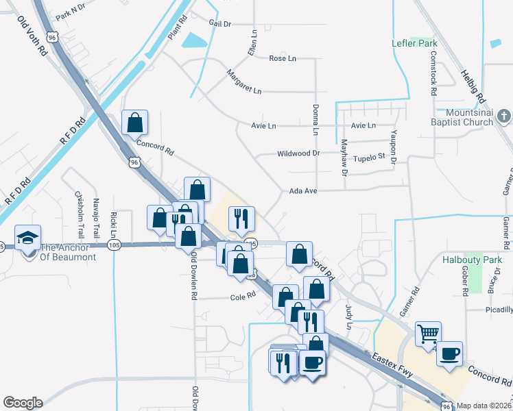 map of restaurants, bars, coffee shops, grocery stores, and more near 7030 Concord Road in Beaumont