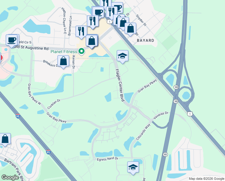 map of restaurants, bars, coffee shops, grocery stores, and more near 7156 Jareth Drive in Jacksonville