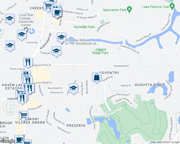map of restaurants, bars, coffee shops, grocery stores, and more near 7718 Painton Lane in Spring