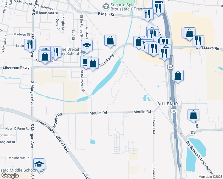 map of restaurants, bars, coffee shops, grocery stores, and more near Reservoir Road in Broussard