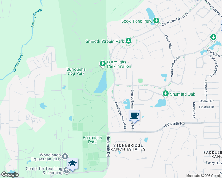 map of restaurants, bars, coffee shops, grocery stores, and more near Creekside Forest Drive in Tomball