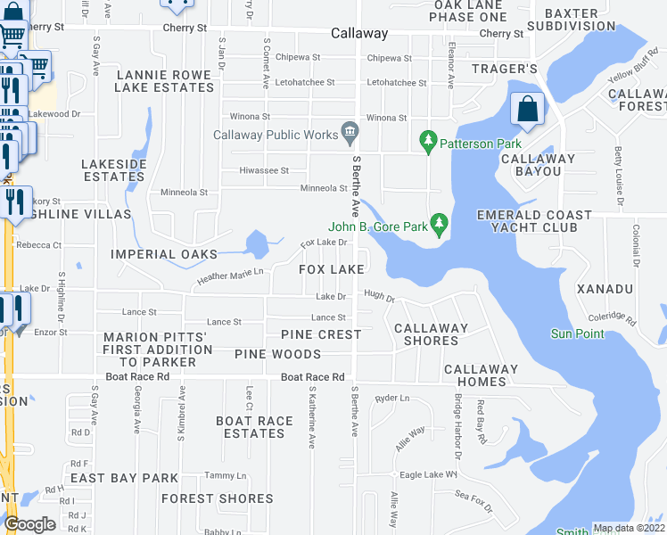 map of restaurants, bars, coffee shops, grocery stores, and more near 713 J J Drive in Panama City
