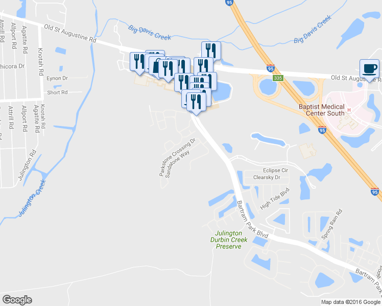 map of restaurants, bars, coffee shops, grocery stores, and more near 5922 Rocky Mount Drive in Jacksonville