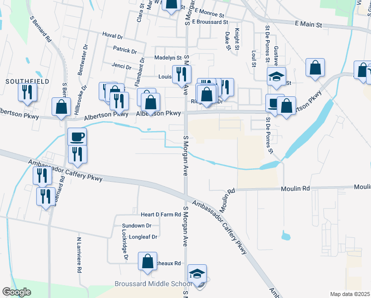 map of restaurants, bars, coffee shops, grocery stores, and more near 1000 South Morgan Avenue in Broussard