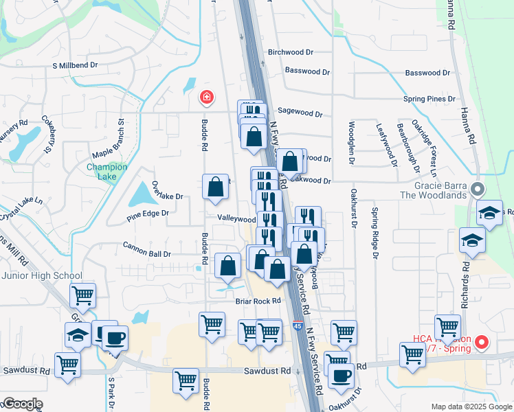 map of restaurants, bars, coffee shops, grocery stores, and more near 150 Valley Wood Drive in Spring