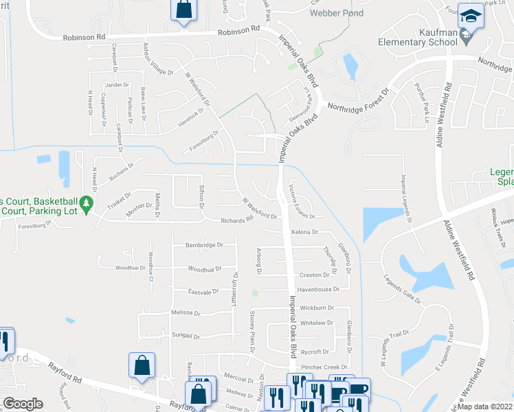 map of restaurants, bars, coffee shops, grocery stores, and more near 1907 West Welsford Drive in Spring