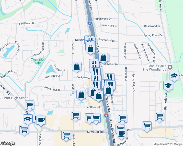 map of restaurants, bars, coffee shops, grocery stores, and more near 150 Valley Wood Drive in Spring