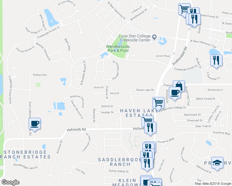 map of restaurants, bars, coffee shops, grocery stores, and more near Alicia Drive in Tomball