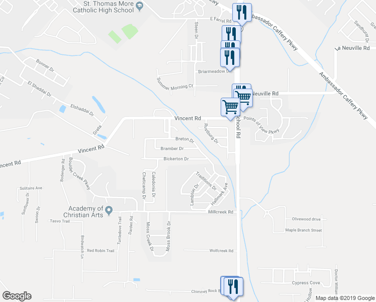 map of restaurants, bars, coffee shops, grocery stores, and more near 132 Bramber Drive in Lafayette
