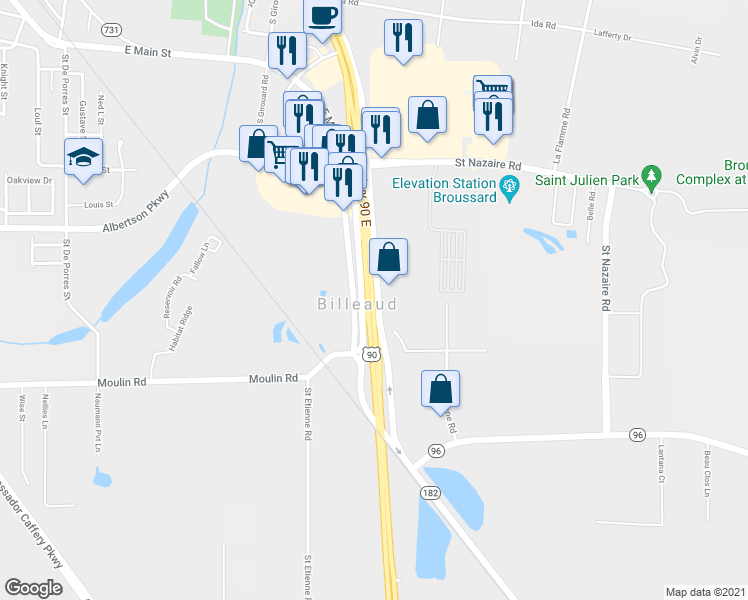 map of restaurants, bars, coffee shops, grocery stores, and more near 5105 U.S. 90 in Broussard