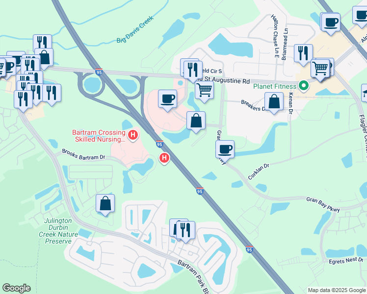map of restaurants, bars, coffee shops, grocery stores, and more near 12850 Gran Bay Parkway in Jacksonville