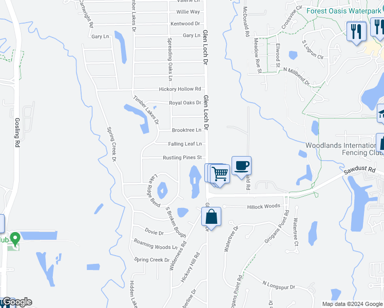 map of restaurants, bars, coffee shops, grocery stores, and more near 3218 Rustling Pines Street in Spring