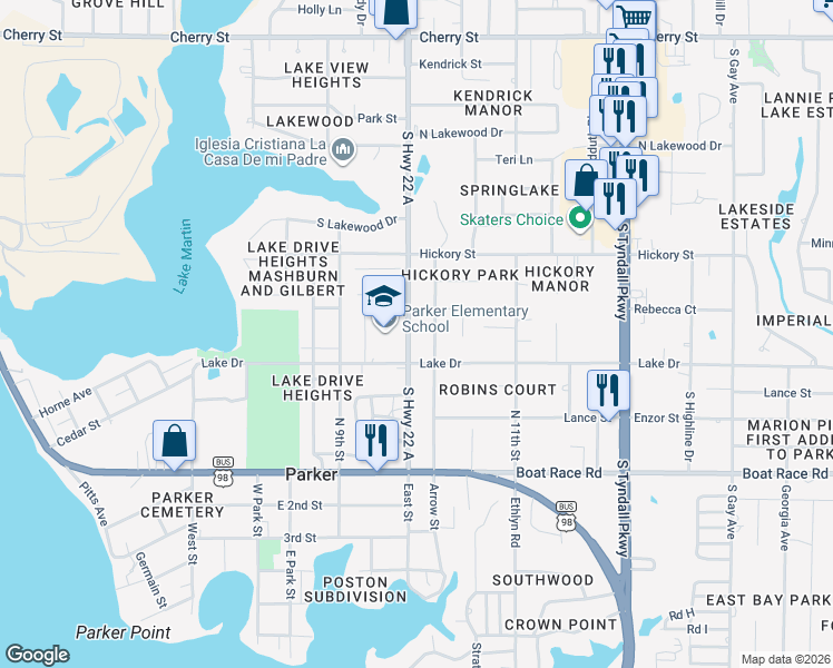 map of restaurants, bars, coffee shops, grocery stores, and more near 636 Arrow Street in Panama City