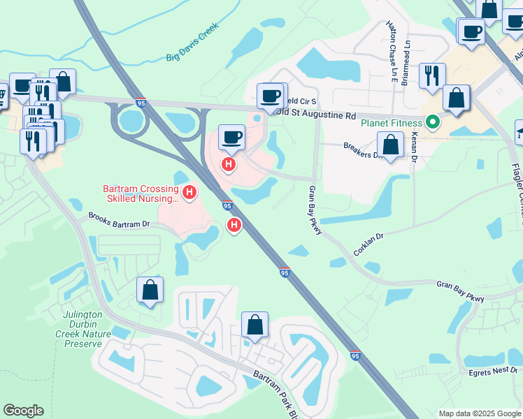 map of restaurants, bars, coffee shops, grocery stores, and more near Highway 9 in Jacksonville