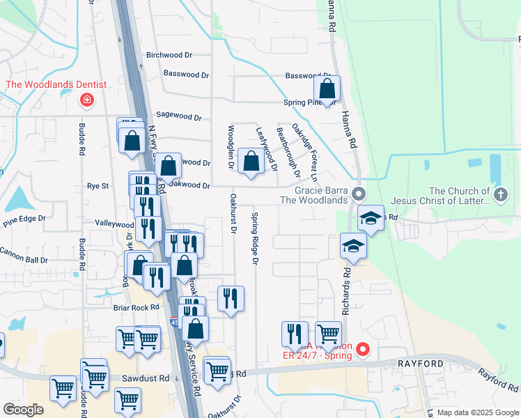 map of restaurants, bars, coffee shops, grocery stores, and more near 25614 Spring Ridge Drive in Spring