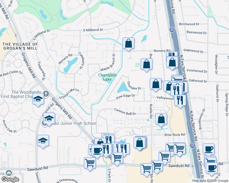map of restaurants, bars, coffee shops, grocery stores, and more near 530 Pine Edge Drive in The Woodlands