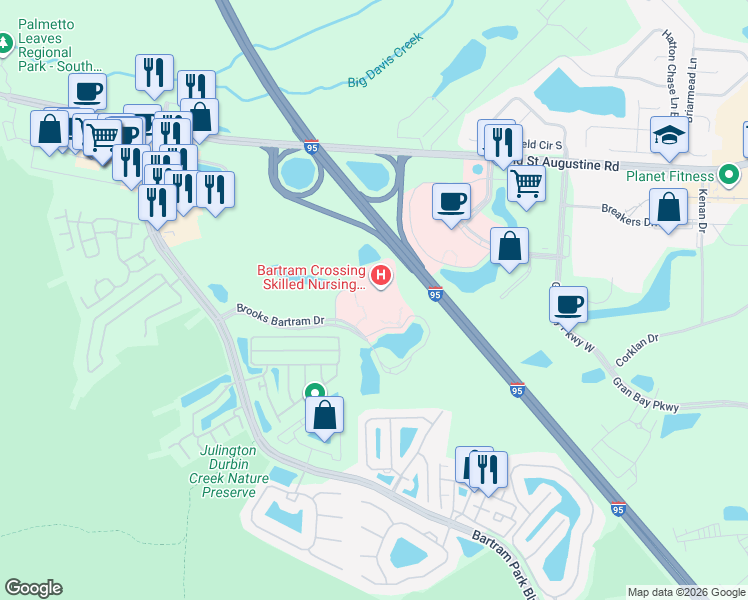 map of restaurants, bars, coffee shops, grocery stores, and more near 6209 Brooks Bartram Drive in Jacksonville