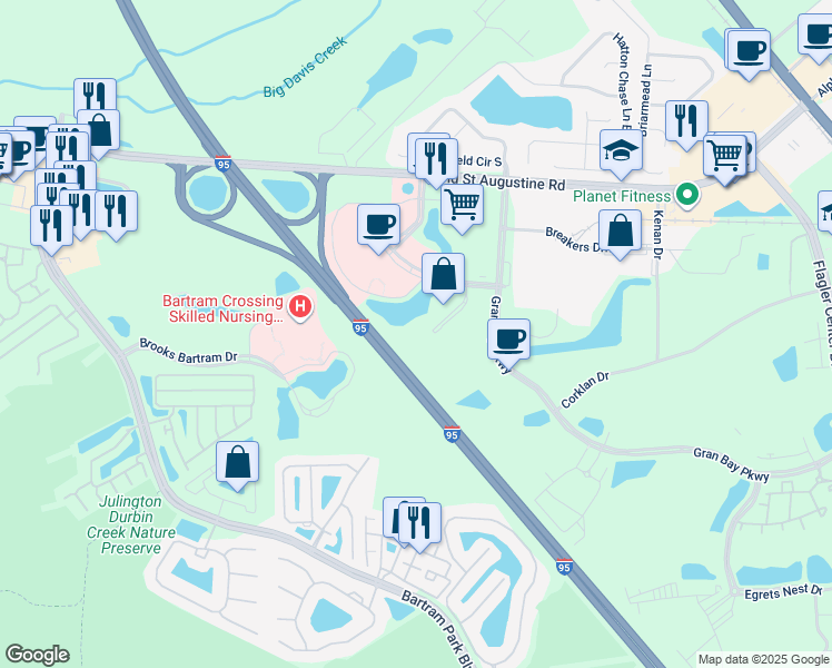 map of restaurants, bars, coffee shops, grocery stores, and more near 12850 Gran Bay Parkway in Jacksonville