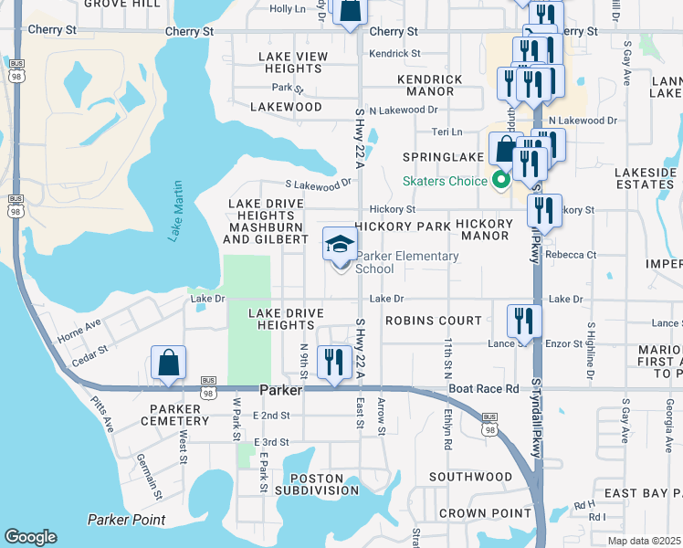 map of restaurants, bars, coffee shops, grocery stores, and more near 640 South Highway 22 A in Panama City