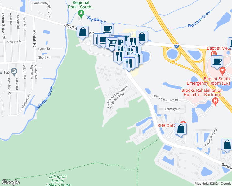 map of restaurants, bars, coffee shops, grocery stores, and more near 5811 Parkstone Crossing Drive in Jacksonville