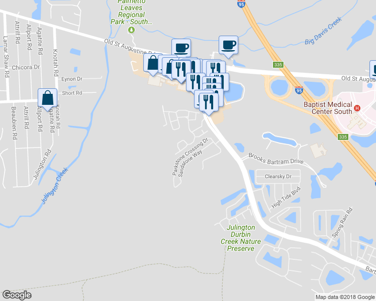map of restaurants, bars, coffee shops, grocery stores, and more near 5792 Sandstone Way in Jacksonville
